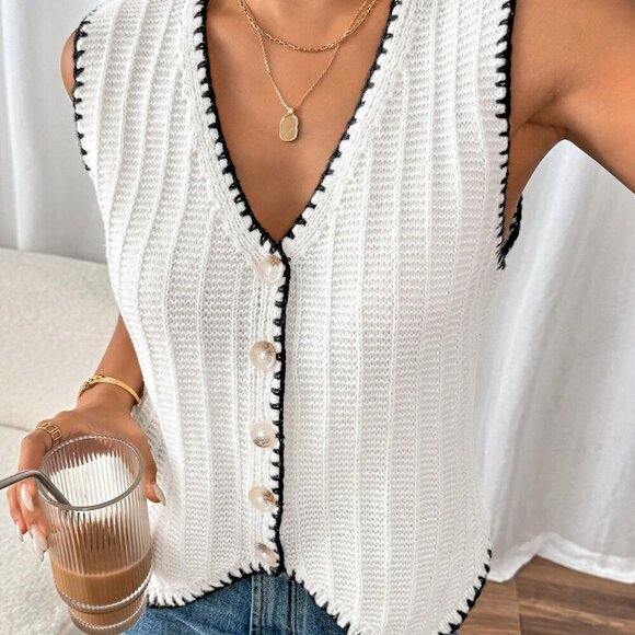 Beige Casual Women's Color Block Edging Vest Style Sweater - Picture 3 of 6